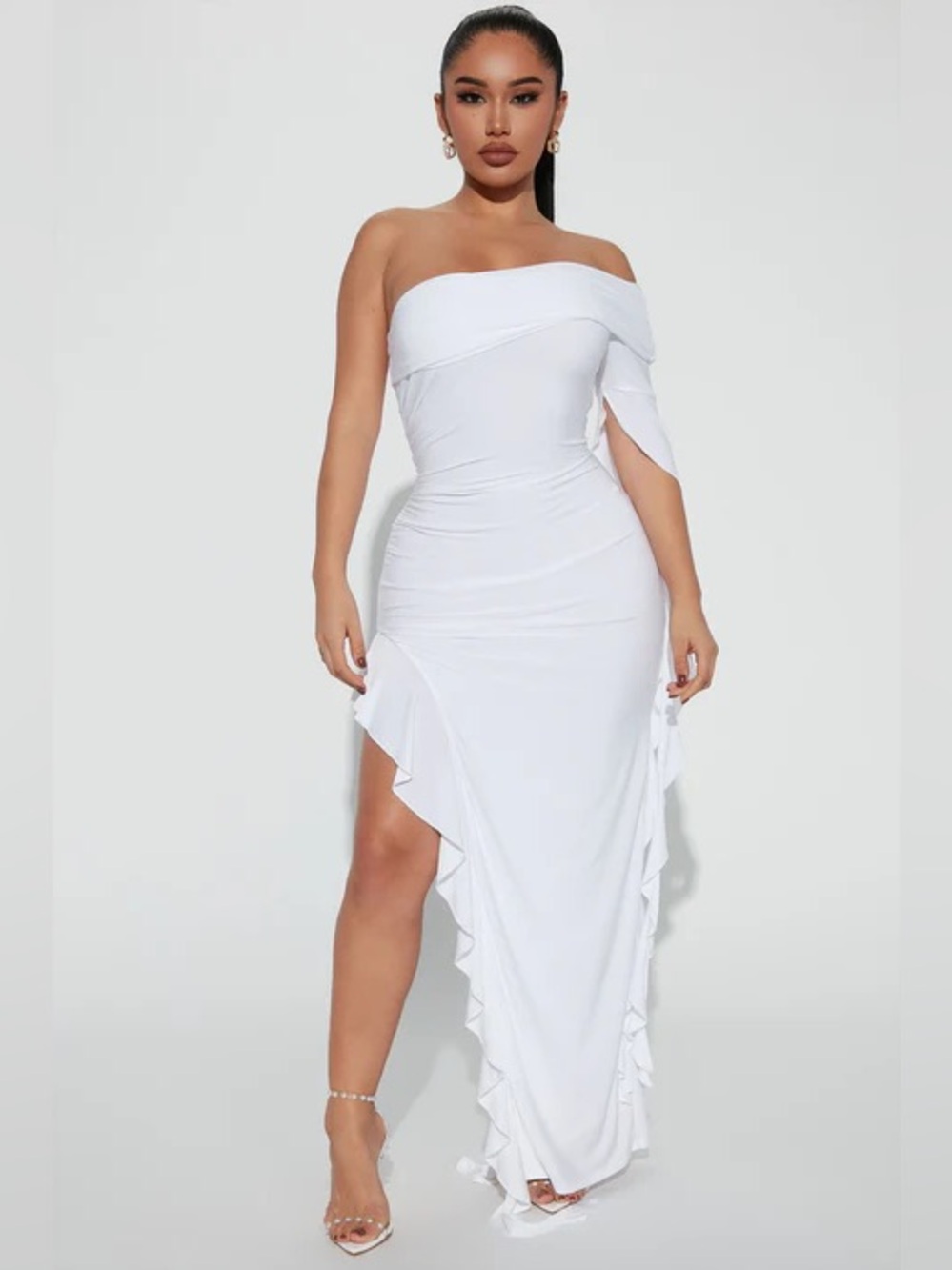 Elegant White Off-Shoulder White Ruffle Maxi Dress